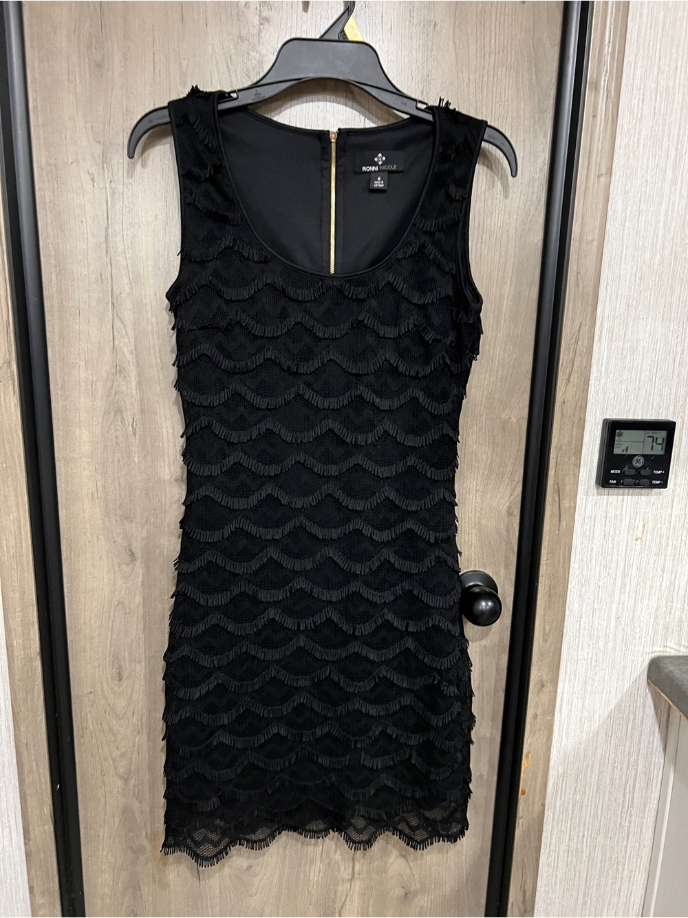 Ronni Nicole Black Sleeveless Fringe Scallop Mini Dress